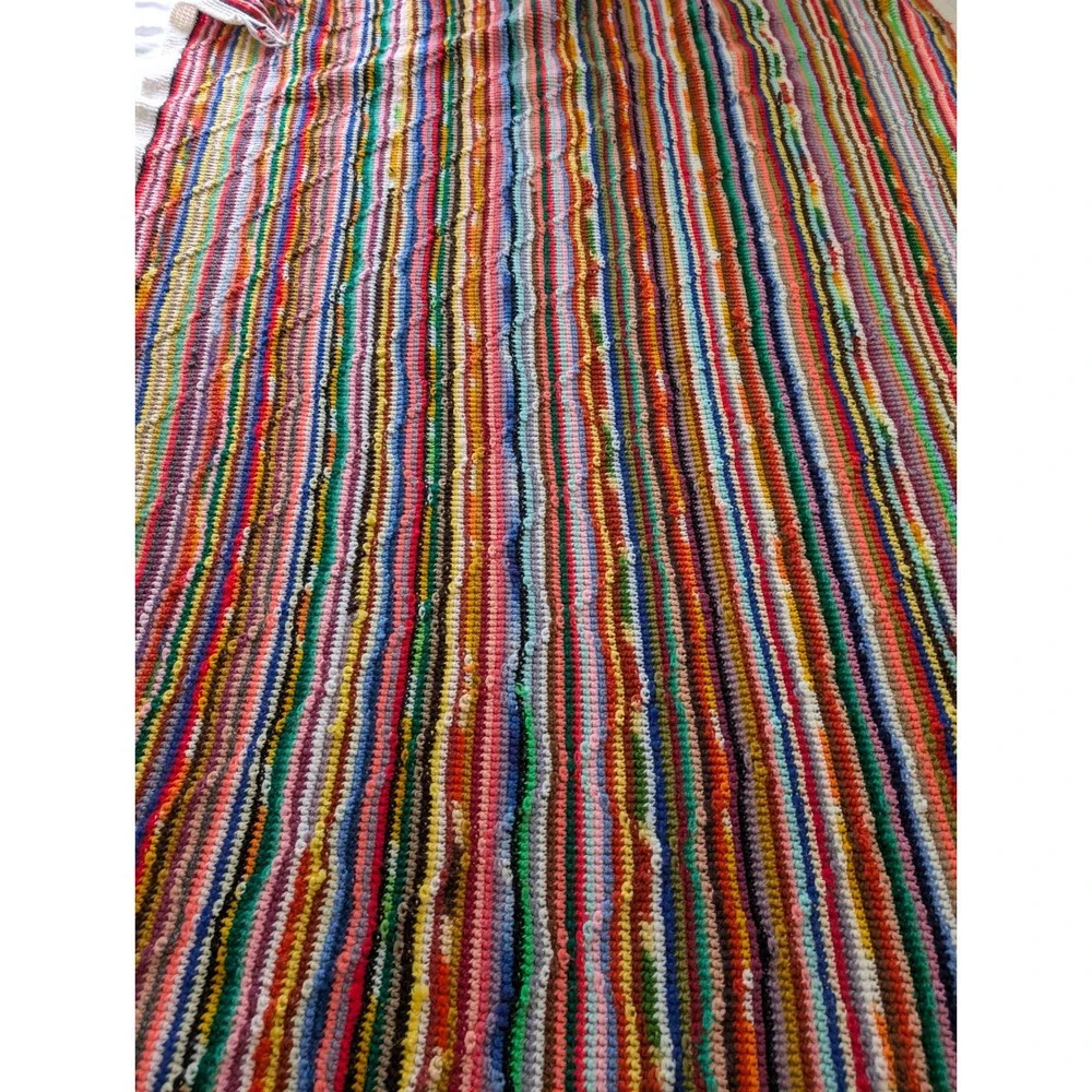 Vtg Handmade Crochet Afghan Optical Illusion Rainbow Multi Color Fringe Throw